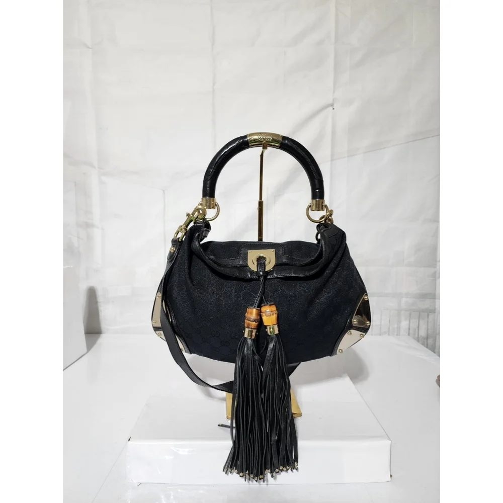 Gucci GG Canvas and Leather Medium Babouska Indy Hobo Bag Black